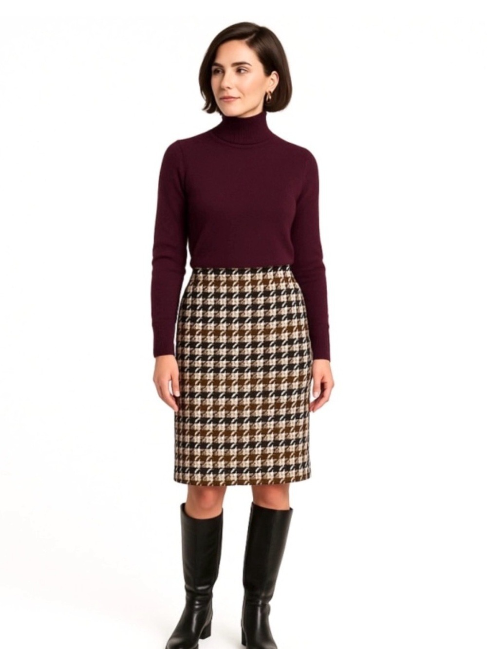 Vintage Wool Houndstooth Pencil Skirt, Cream, Tan, Black, Plum Purple, Size 4